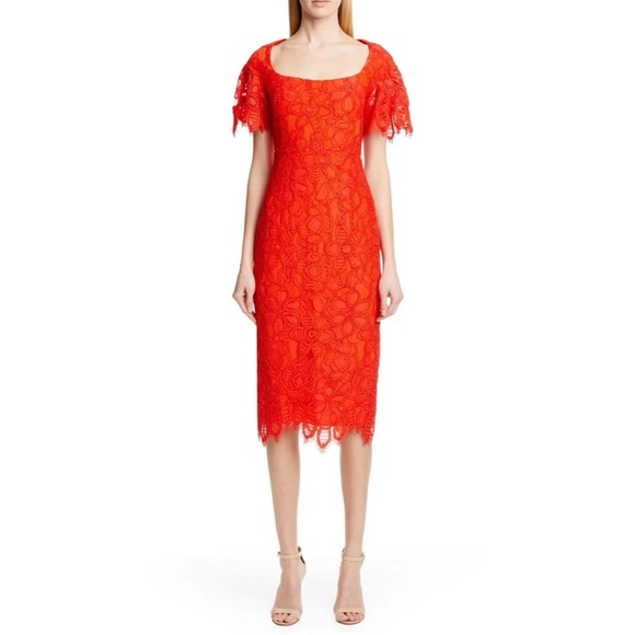 Lela Rose Red Open Neck Flutter Sleeve Lace Sheath Midi Cocktail